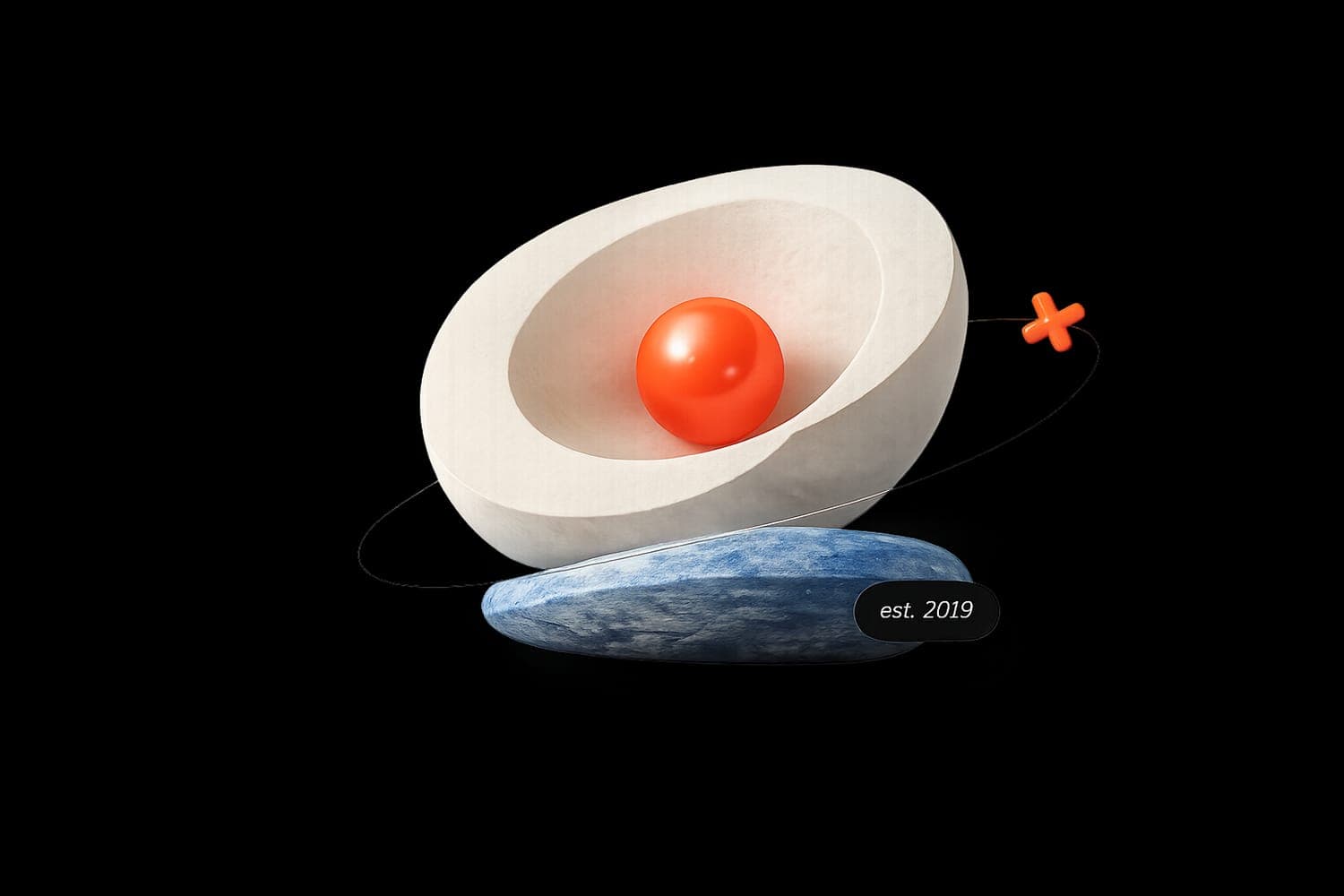 Two Frames studio sculpture — a cream bowl cradling an orange sphere on a blue stone base